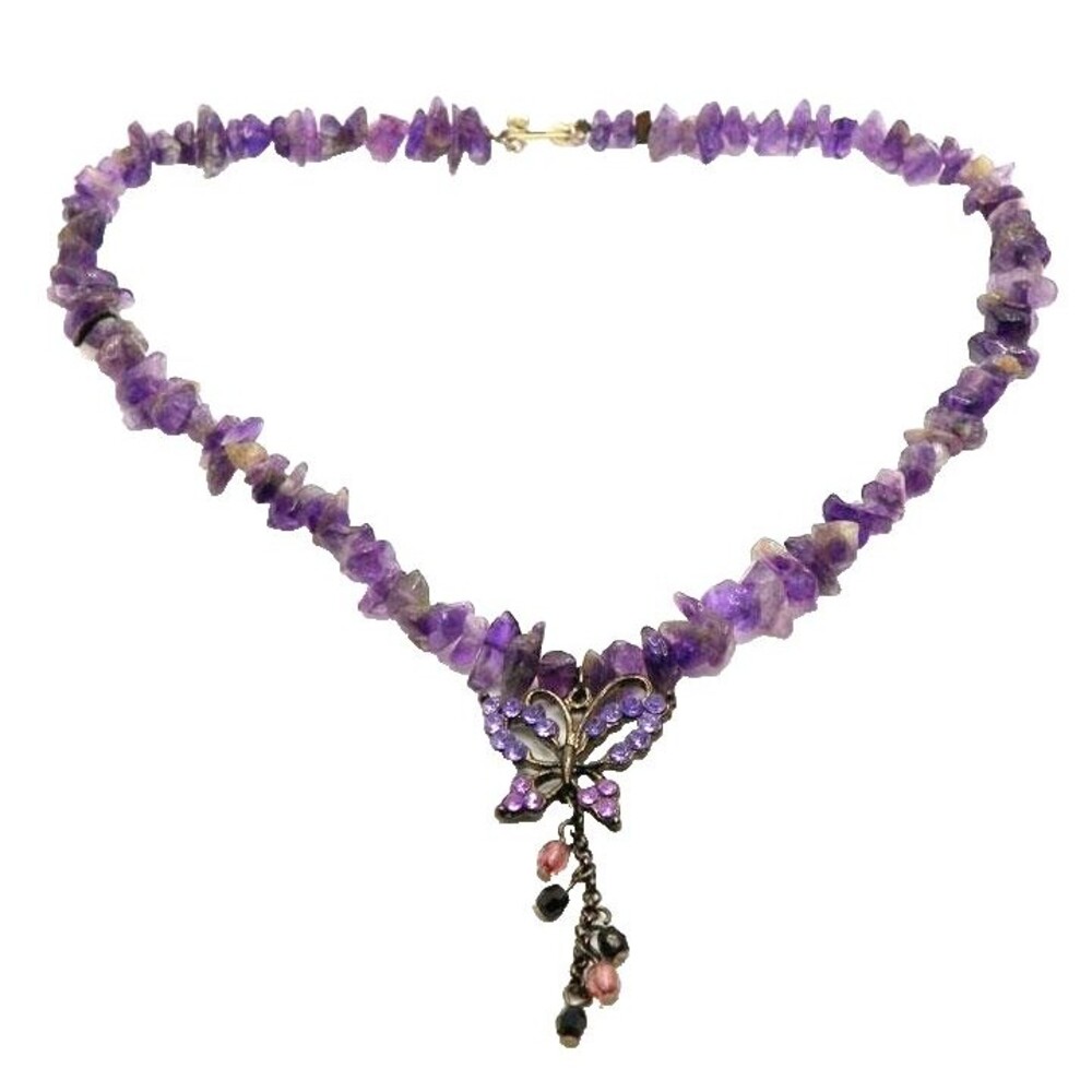 Beautiful Unique Raw Amethyst Chip & Rhinestone Butterfly Necklace